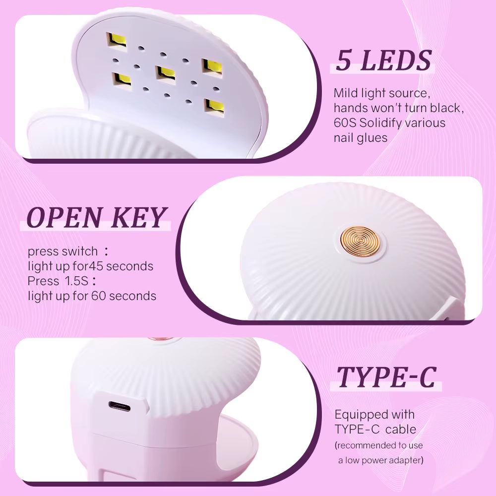 Mini UV LED Nail Lamp 5 Leds Nail Dryer Portable Manicure Lamp Shell Shaped Nail Art Lamp Nail Art Tools